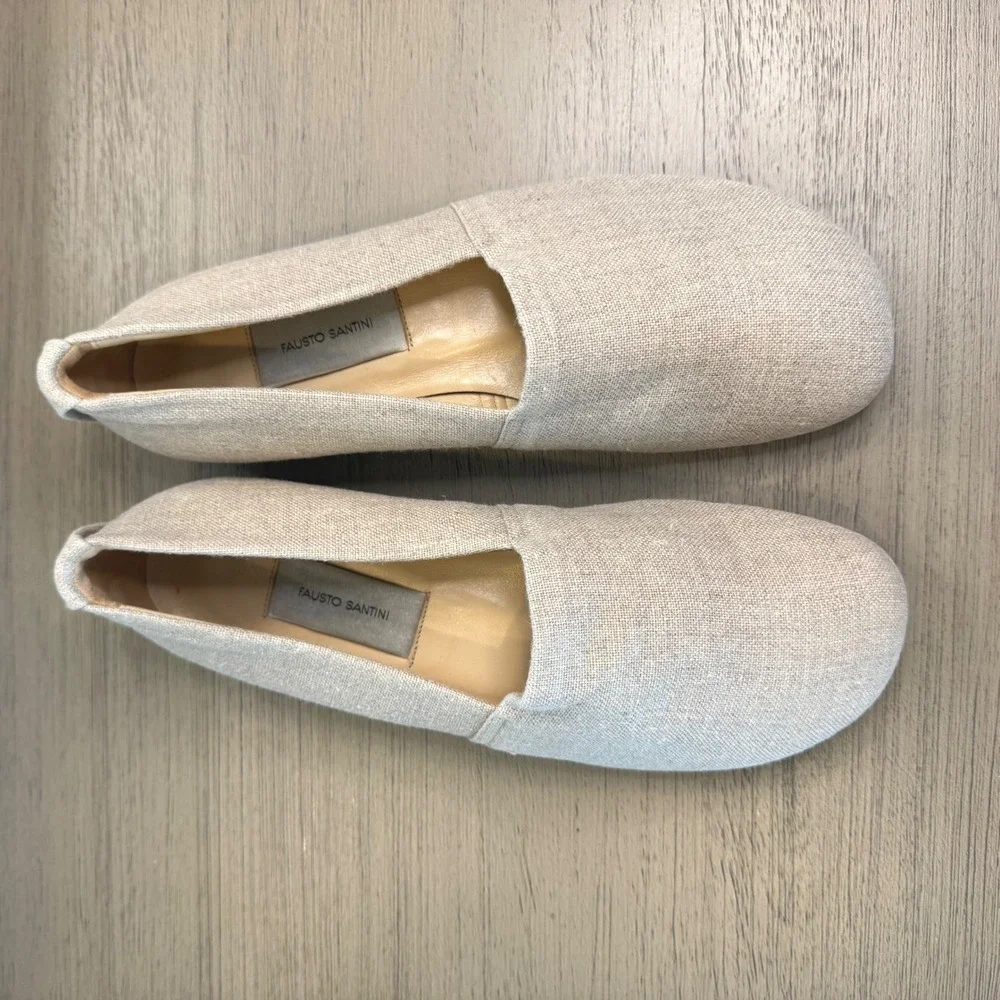 Fausto Santini Women 7-7.5 EU 37.5 Beige Linen Flats Italian Leather Sole Loafer